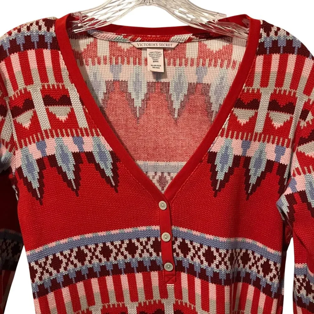 Victoria's Secret Henley V-Neck Top Fair Isle Aztec Hearts Thermal Red XS